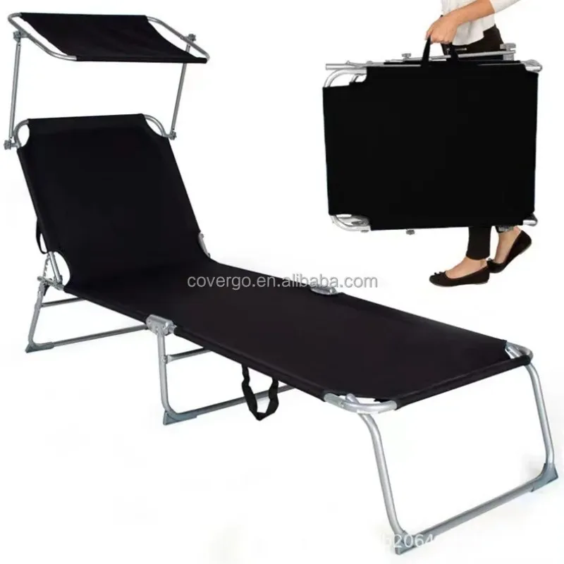 

Hotsale Outdoor Pool Side Folding Bed Aluminum Foldable Beach Bed With Sail Sunshade Canopy