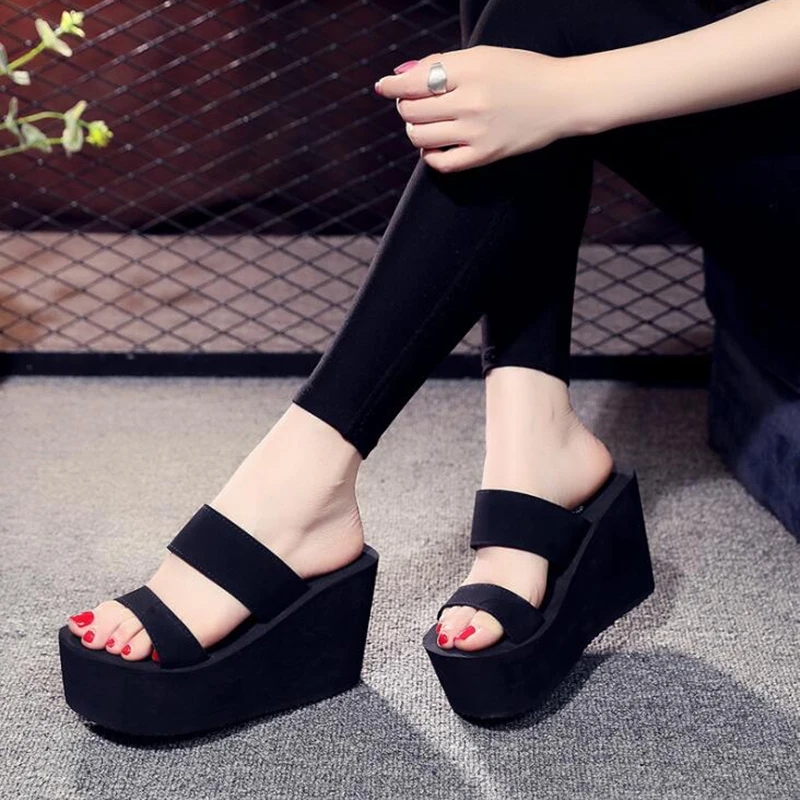 Women Platform Sandals Shoes Solid Color Wedge Slippers Footwear Ladies Beach Summer Non-Slip High Heels Flip Flops Casual Black