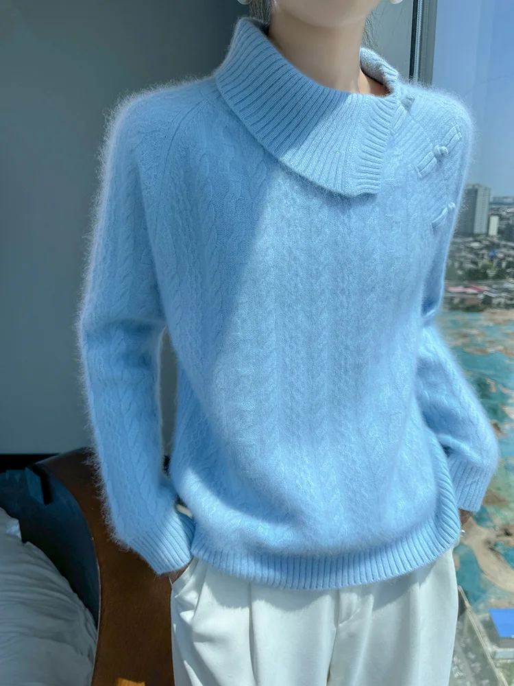 

TLOML Women 100% Mink Cashmere Sweater Irregular Collar Pullover Autumn Winter Soft Warm Casual Long Sleeve Knitwear Chic Tops