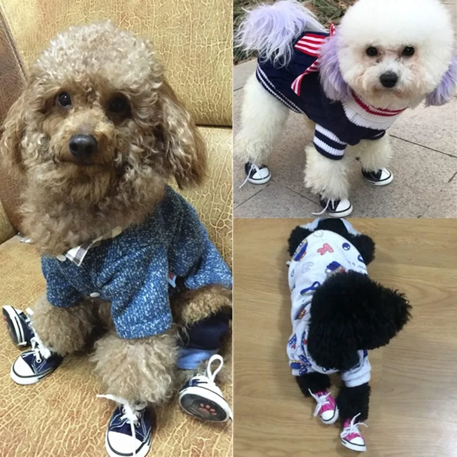 4개입 애완견 강아지 캔버스 스포츠 신발 스니커 부츠 야외용 미끄럼 방지 캐주얼 워킹 신발 편안한 착용감과 내구성