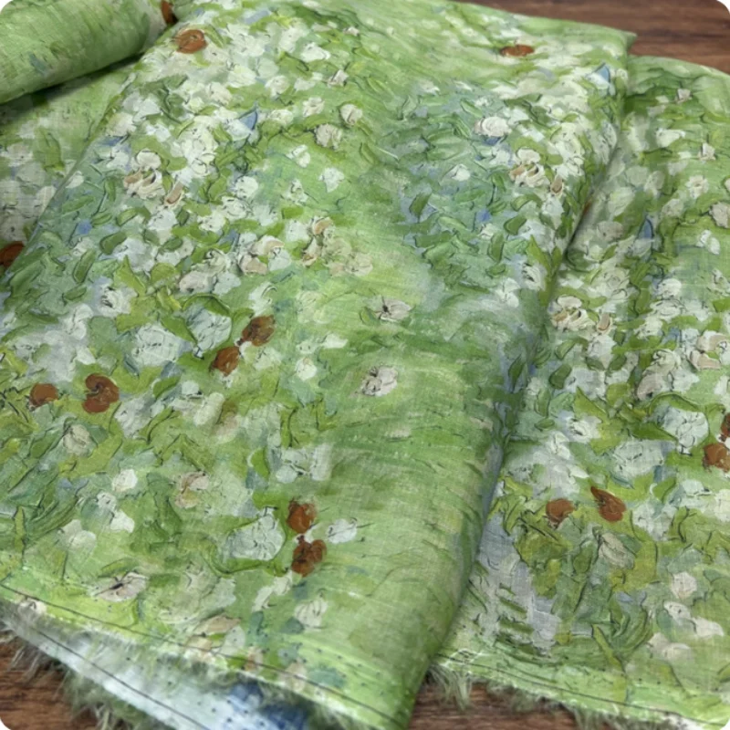 

Green handmade Ramie Printed Fabric For Breathable Shirt Dress Clothing Cloth DIY Fabric