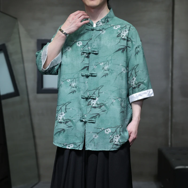 남성 빈티지 셔츠 남성 스탠드 칼라 중국 스타일 셔츠 남성 하프 슬리브 셔츠 여름 남성 꽃 패턴 전통 셔츠