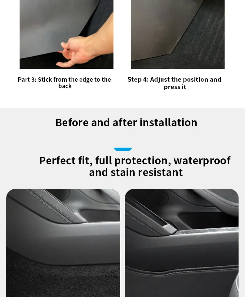 Carbon-Flash-Schutz für Tesla Model Y 2021-2024 Mittelkonsole, Zwei Seitenpaneele, Anti-Kick-Pad, Schutzabdeckung aus Leder – Detail 3