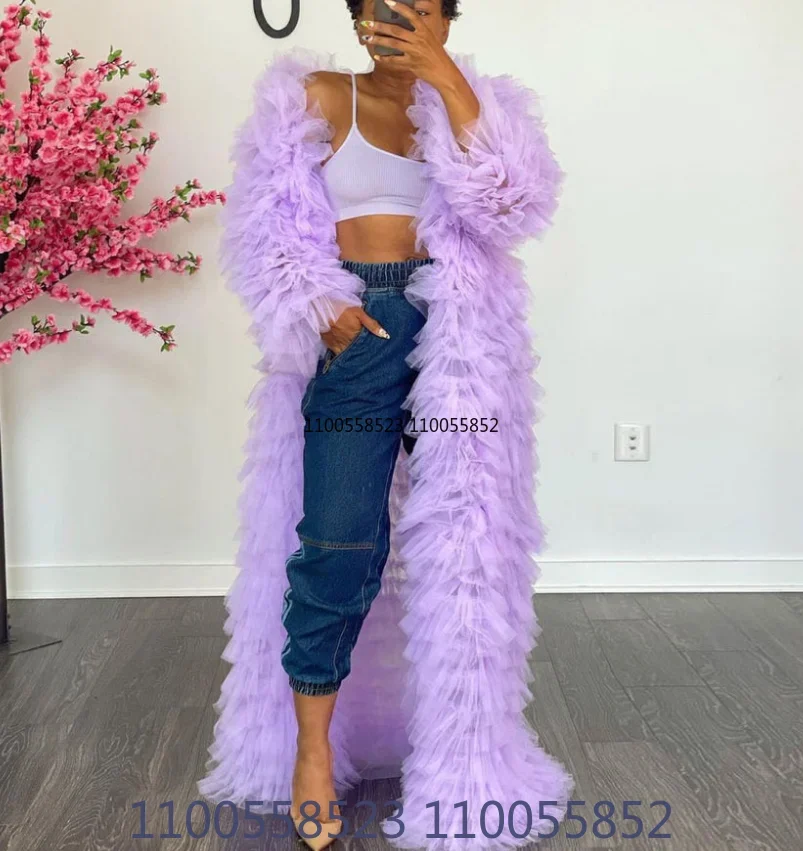 Fluffy Tulle Long Jacket Full Sleeves Floor Length Ruffles Tiered Women Coat Outwear Outfit custom size