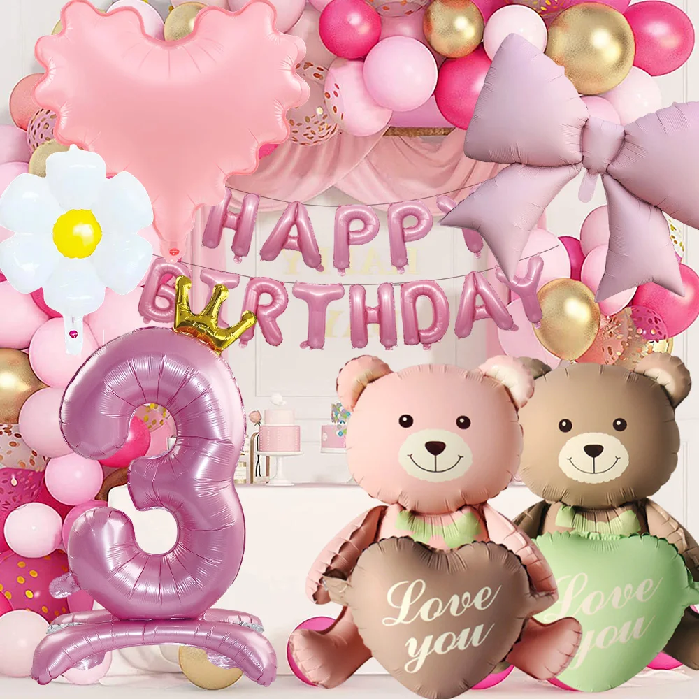

Happy Birthday Letter Balloon Banner Pink Crown Number Bear Heart Flower kit for Birthday Party Wedding Anniversary Decoration