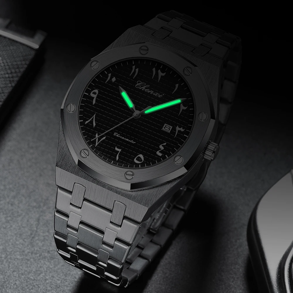 Chenxi relógio masculino luz noturna à prova d'água e calendário de tempo relógios para homens relógio de pulso de alto luxo algarismos árabes orientais