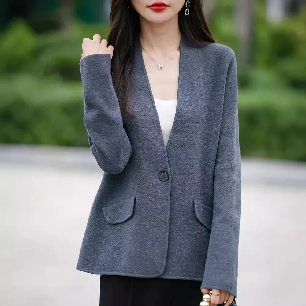 Women Sweater One Button Suit Blazers Autumn Winter Casual Knitted Outerwears V-necksolid Blazer Long Sleeve Office Lady Suits