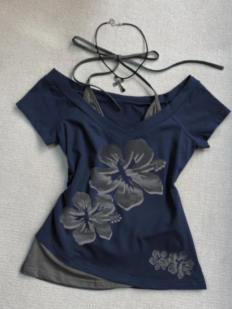 2000s escuro gótico americano vintage impressão t camisas y2k subcultura sexy falso duas peças magro manga curta camisetas harajuku casual topos