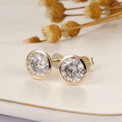 CxsJeremy Full Bezel Type 1 Carat Round Cut 14K Yellow Glod Moissanite Earrings For Women Engagement Wedding Anniversary Gift