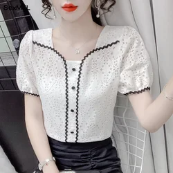 Vintage Summer Lace Shirts Women 2024 Korean Fashion Hollow Out Blusa Feminina Casual Slim Ladies Puff Sleeve Tops Y2k Blouses