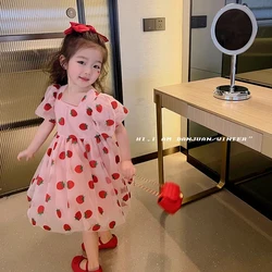 Summer Floral Girls Dresses Strawberry Short Sleeved Children's Clothing O-Neck Party Princess Dresses Vestidos kids clothes