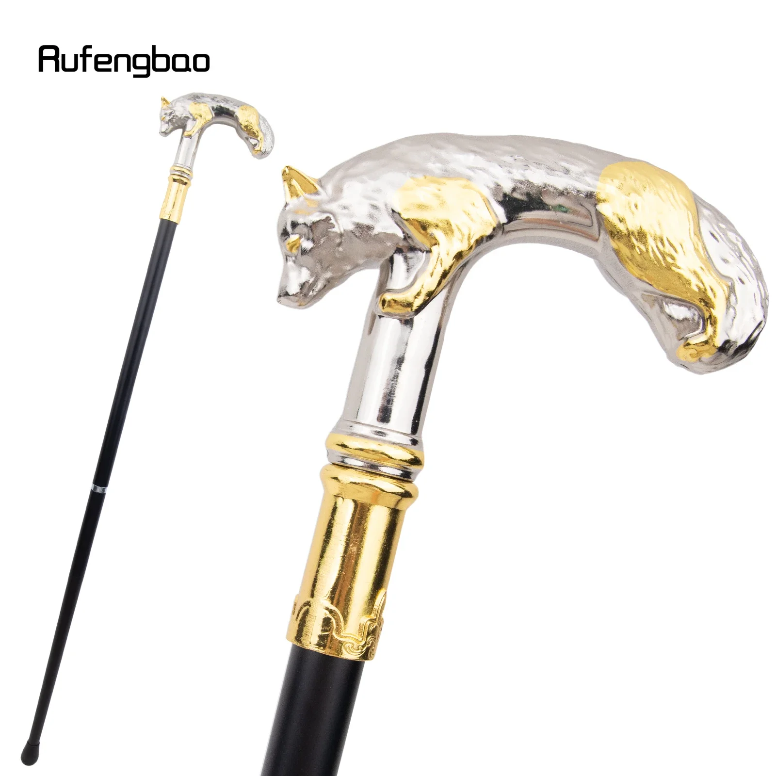 Golden White Wolf Walking Cane Fashion Decorative Walking Stick Gentleman Elegant Cosplay Cane Knob Crosier 90cm