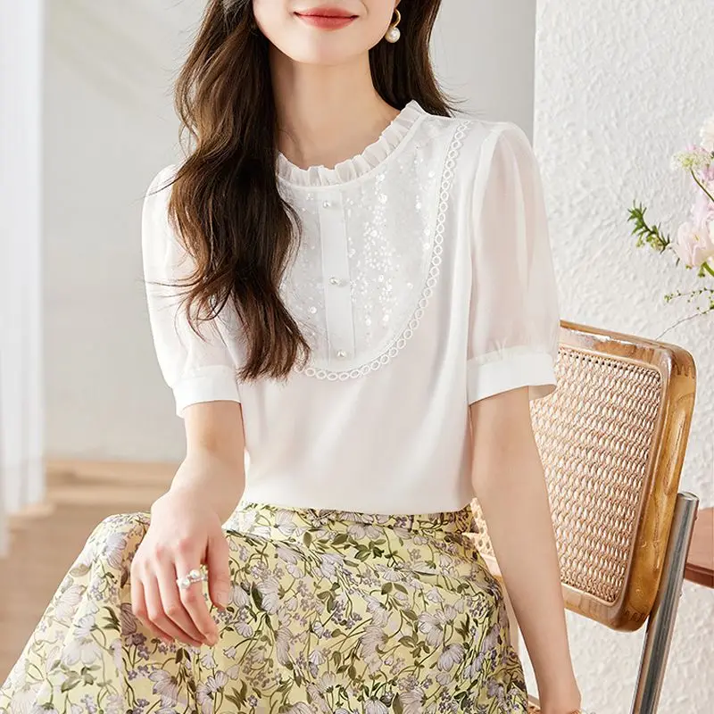 Elegant Solid Color Summer Loose Blouse Women Short Sleeve Fungus Side O-collar Pearl Button Decoration Pullover Shirt 2023