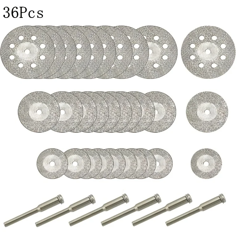 

36Pcs/Set Diamond Cutting Wheel (25mm/20mm/16mm Each 10), Diamond Coated Cutting Wheel and 6pcs 3mm Mandrel for Rotary Tools,Sui