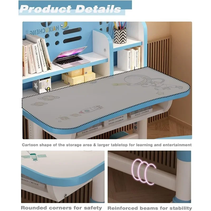 Escritorios para niños, silla, escritorio de estudio para niños, mesa de escritura, estación de trabajo para computadora con gran cajón de almacenamiento y estantería, altura