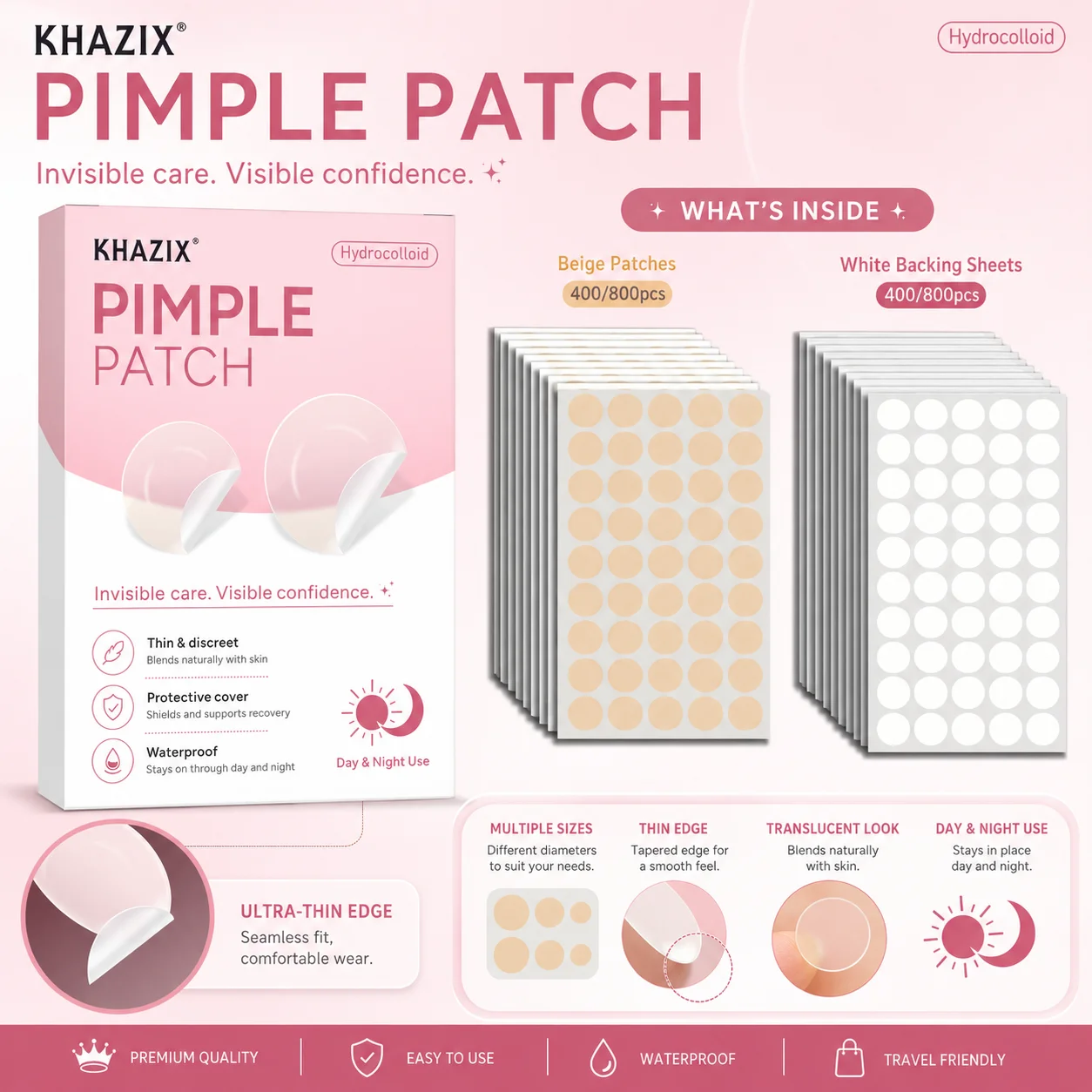 400/800Pcs Hydrocolloid Face Concealer Patches, 2 Shades Nude & Clear, Invisible Waterproof Skin Stickers, Day Night Use view 4