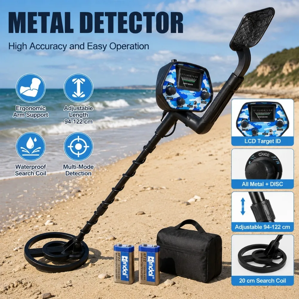Metalldetektor für Erwachsene mit LCD-Display, verstellbarem Schaft 94-122 cm, All-Metal- und DISC-Modi, 20 cm wasserdichte Suchspule, Empfindlichkeitsregler für Münzen, Ringe und Outdoor-Schatzsuche.