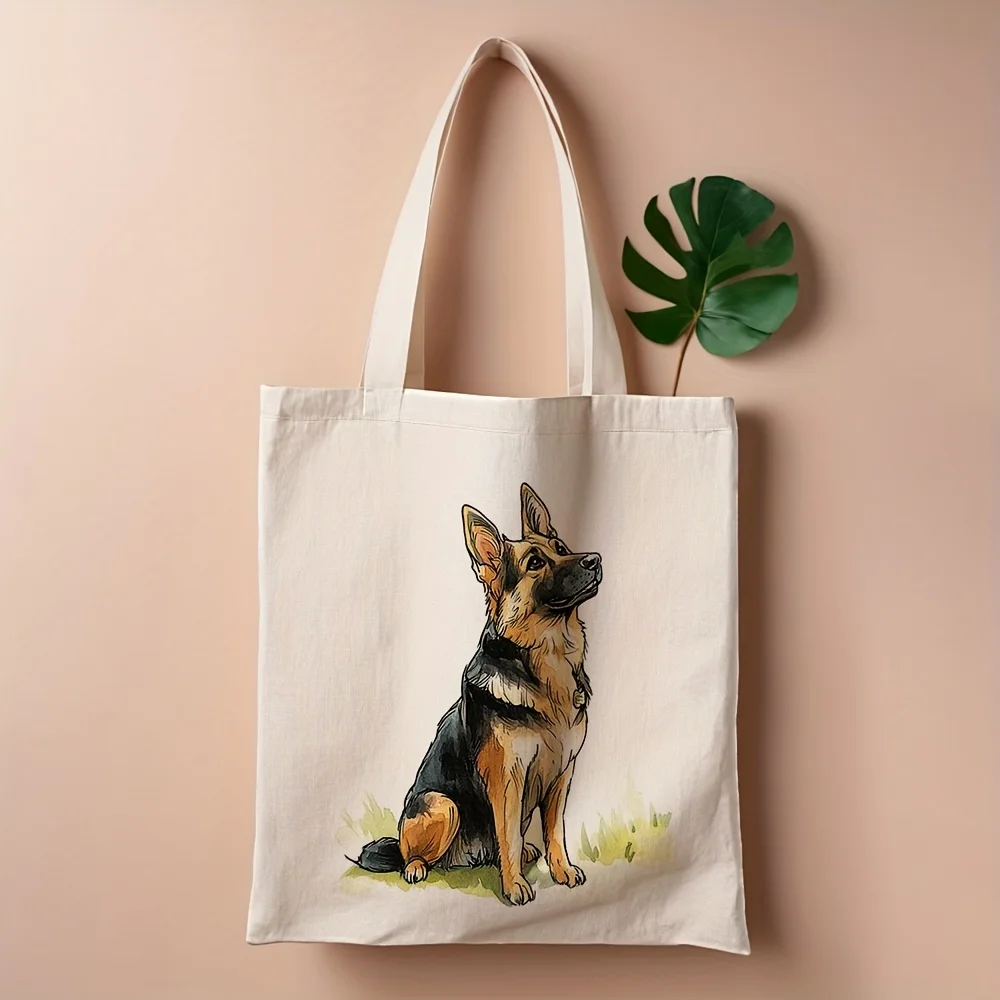 A German Shepherd Illustration Pattern Print Canvas Tote Bag, Suitable For Daily Use, Shopping, School, And Travel