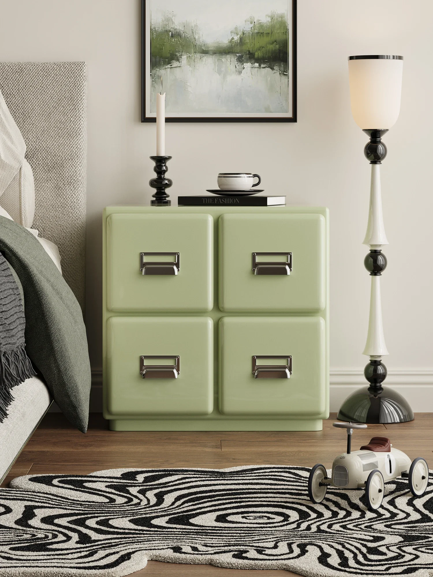 طاولة بجانب السرير باللون الأخضر الكريمي، خزانة جانبية صغيرة حديثة وبسيطة من الخشب الصلب #2