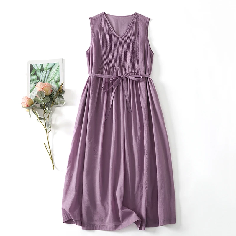 Estilo japonês cor sólida rendas até plissado sem mangas vestido feminino casual emagrecimento linho midi saia a linha vestido de verão n915