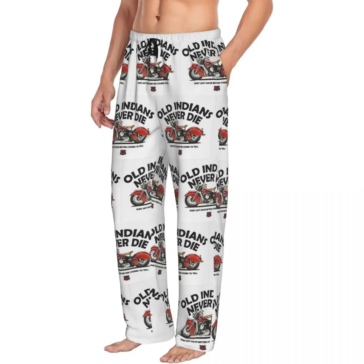 Custom Motorcycle Motor Old Indians Never Die Pajama Pants Men Sleepwear Sleep Lounge Bottoms with Pockets