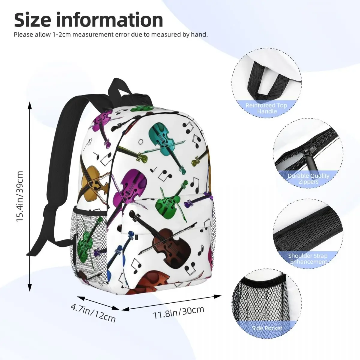 Colorful Violin Seamless Pattern Backpacks Boys Girls Bookbag Students School Bags Travel Rucksack Shoulder Bag Large Capacity