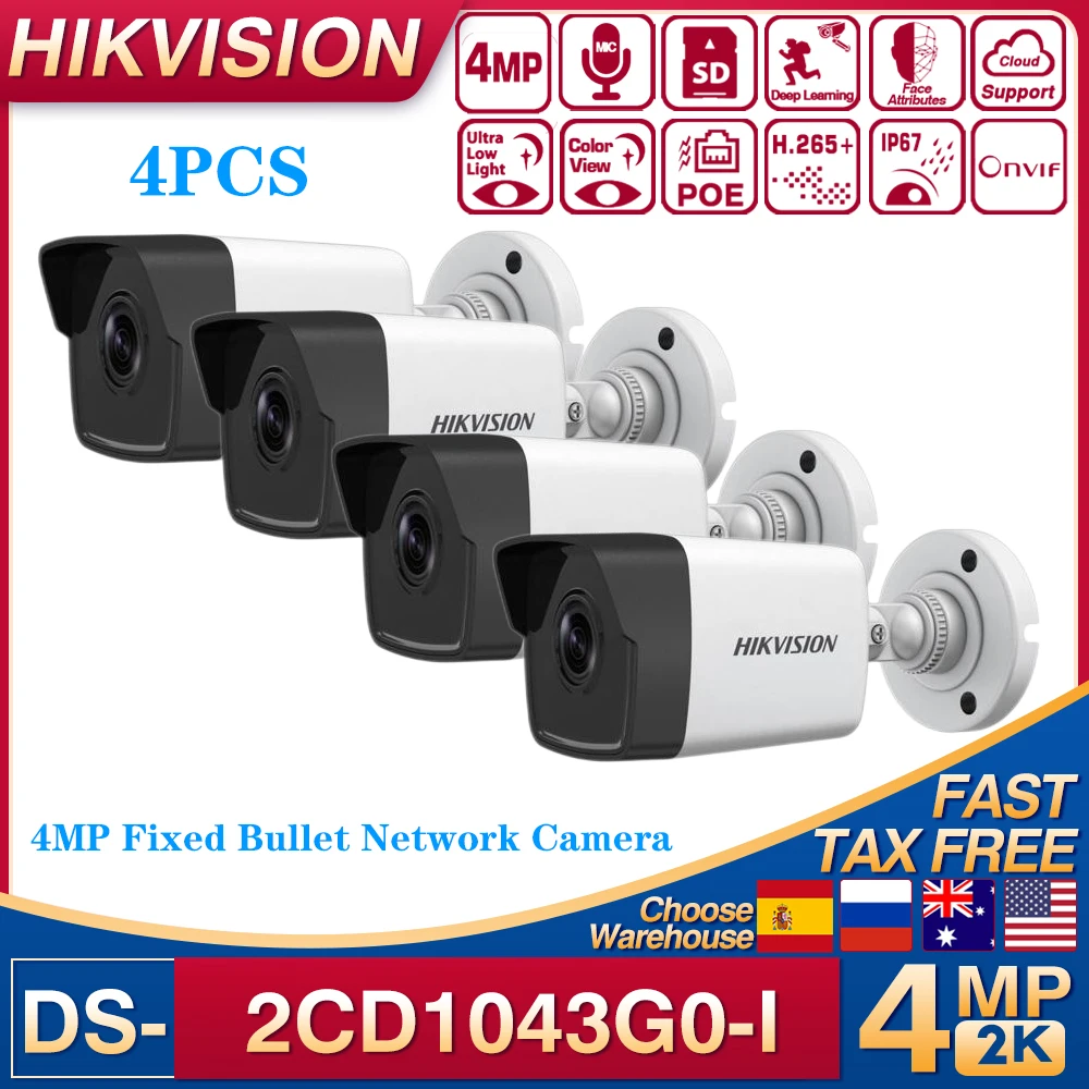 

4PCS Original Hikvision DS-2CD1043G0-I Outdoor Motion Detection Security CCTV Night Vision 30m Smart H.265+ PoE Bullet IP Camera