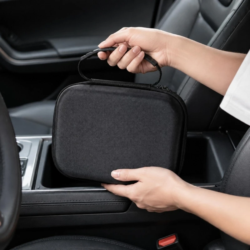 Car Tire Inflator Storage Case with Hard-Shell EVA Body, Interior Mesh Pocket, Elastic Strap, Zippers Closure, and Build-In M4YD