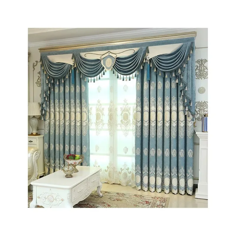 Ready Made Curtain Luxury American Style Flower Design Embroidery Polyester Brown Fabric Blackout Living Room Curtain 1x2
