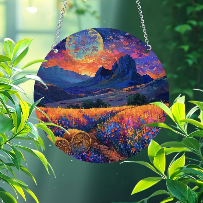 Acrylic Pendant 2D, Mountain Flower Sea Moon Night Oil Painting, Garden Home Decoration Decorations, Suitable for Holiday Gifts