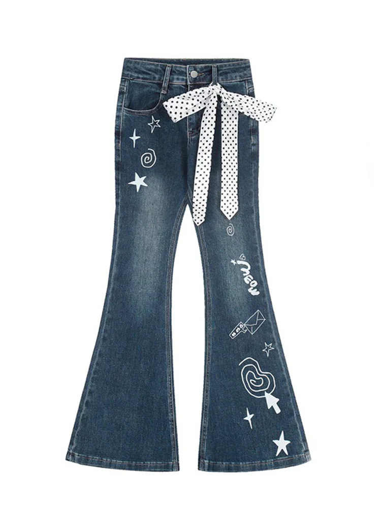 Cartoon Graffiti Jeans Women Slim Fit Y2K Streetwear Hottie Bootcut Jeans Summer Polka Dots Bandage Vintage All Match Pants New