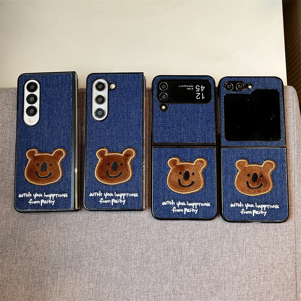 

Denim Fabric Embroidered Cartoon Bear High Quality Flip Cover Samsung Galaxy For Z Flip 4,Z Flip 5,Z Flip 3,Z Flip 6,Z Flip 7