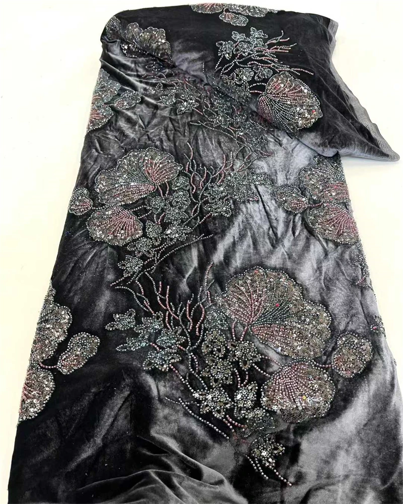 Luxury African Beaded Pearl Velvet Lace Fabric High-Quality Nigerian Sequins for Party Dress Sewing