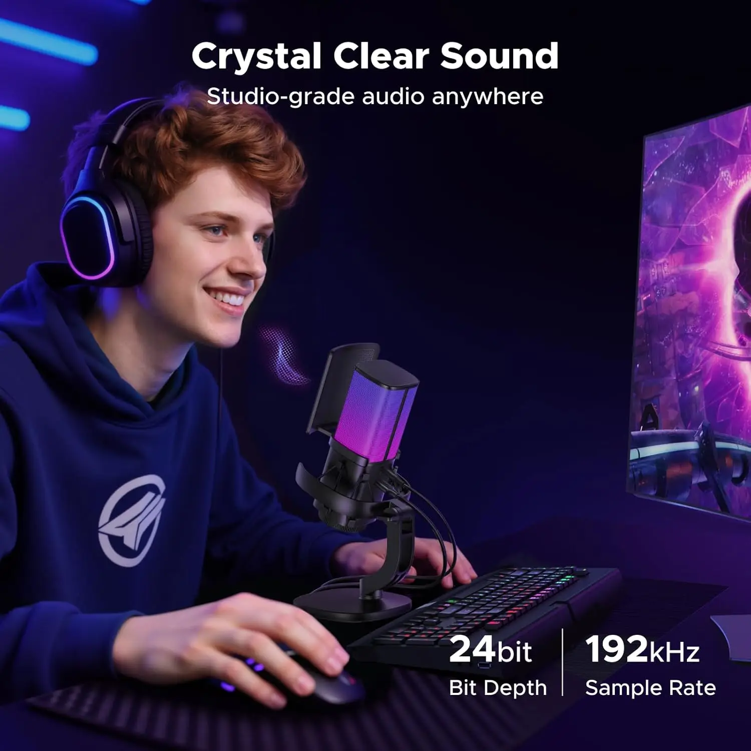 UGREEN RGB USB Gaming Microphone, 96kHz/24bit, DSP Noise-Reduction, Real-Time Monitoring & Gain Knob, Plug & Play USB Mic for St