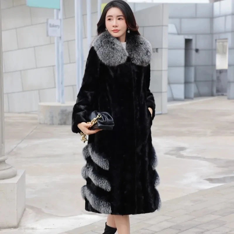 Mink Coat Women\'s High Luxury 100% Real Mink Coat Women\'s 2023 New Winter Coat True Fox Collar Women\'s Jacket Loose Fur Coat