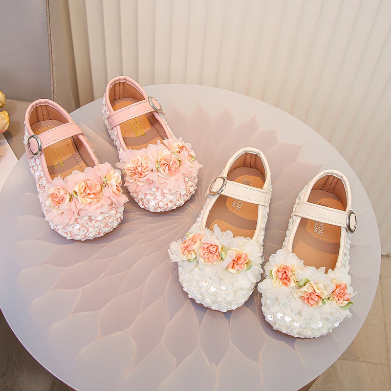 

Spring Girl's Floral Mary Jane Shoes Sparkly Sequins Princess Dress Shoes Soft Sole Exquisite Shoes for Kids Wedding Party 4-6Y
