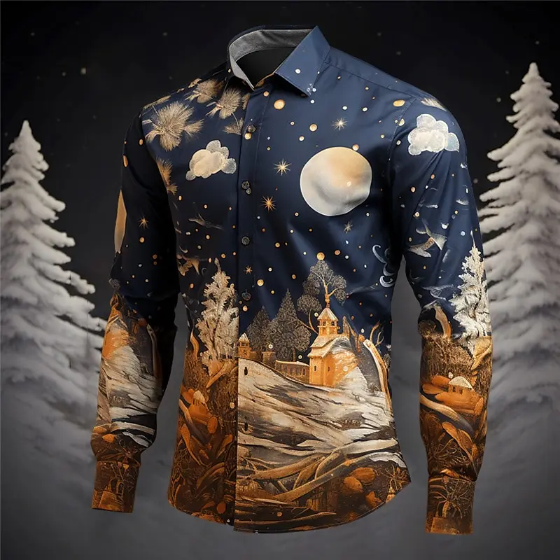 Christmas and New Year atmosphere long-sleeved shirt men's casual lapel holiday top comfortable men's shirt Christmas