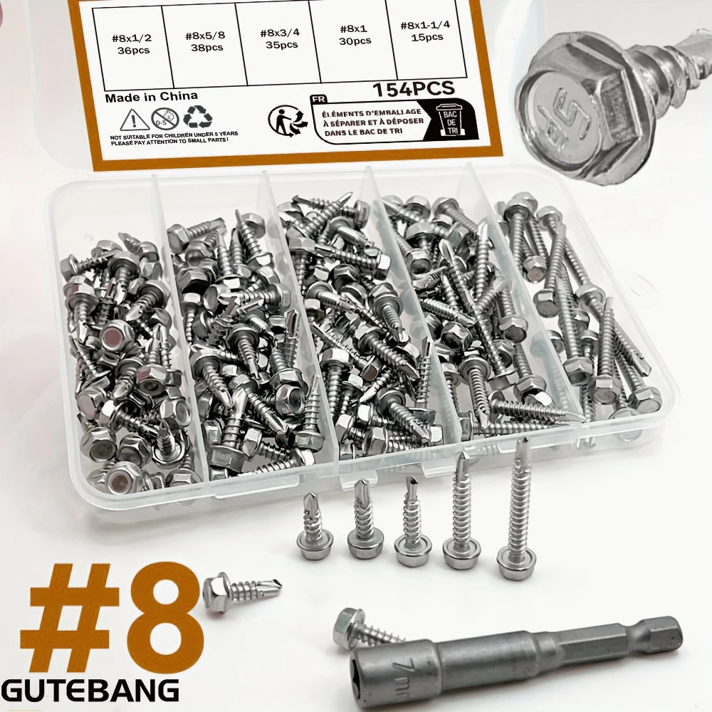 

154 шт. # 8 винтов по дереву с металлической пластиной 1/2 дюйма, 5/8 дюйма, 3/4 дюйма, 1 дюйм, 1-1/4 дюйма, шестигранная гайка из нержавеющей стали 410, быстрое др.