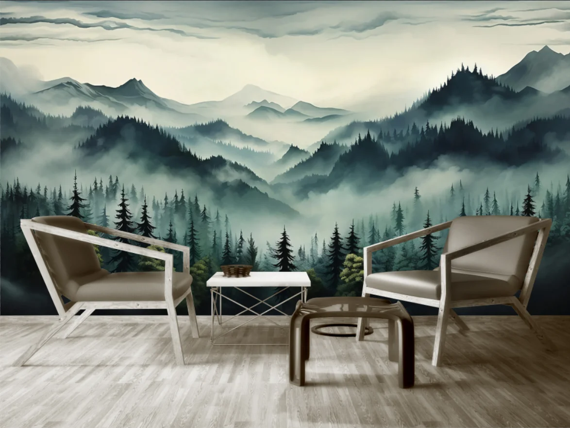 Customized Size Mist Forest Mountain Blue Landscape Wallpaper Cedar Tree Forest Wall Art Mural Black and White Forest wallpaper