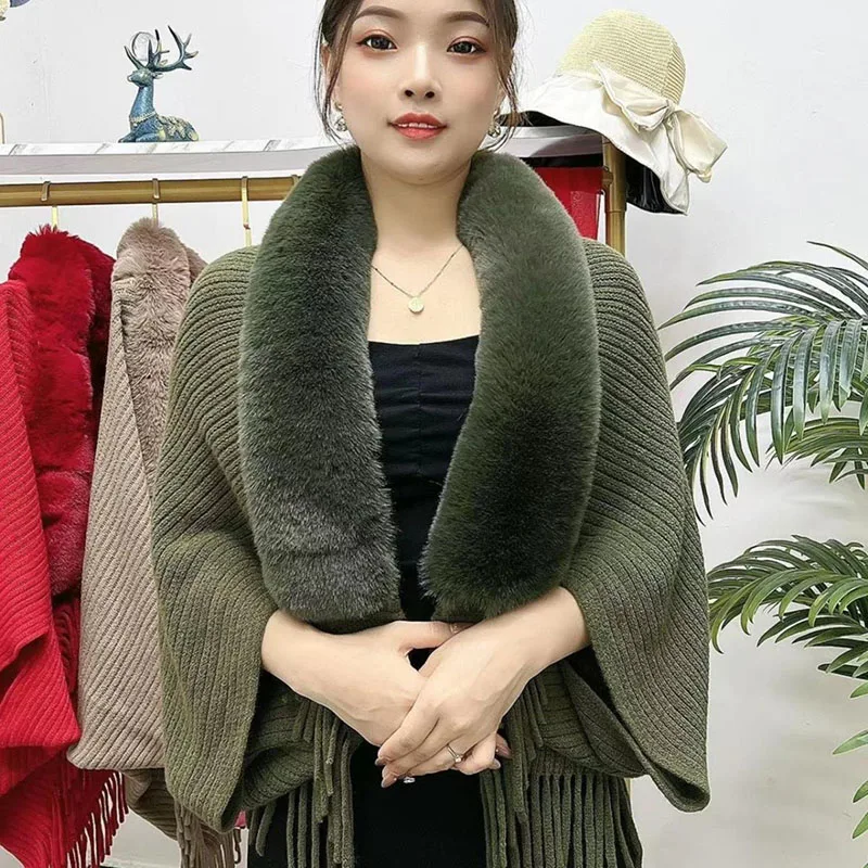 Women Winter Knitted Shawl With Faux Fur Collar With Tassel Female Elegant Poncho  Long Warm Wraps Cloak Cape Tops