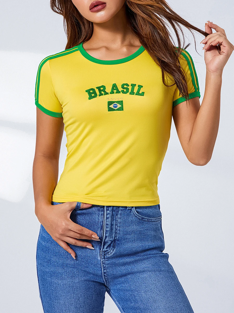 Y2K Brazil Football Girl Crop Top Women Star Graphic Fairy Grunge Baby Tee Teens Girls Aesthetic Vintage Gothic T-Shirt