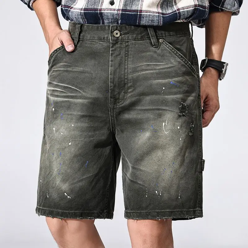 

JXN2039 Summer new splash ink workwear denim shorts men loose splicing cotton straight five trousers American casual
