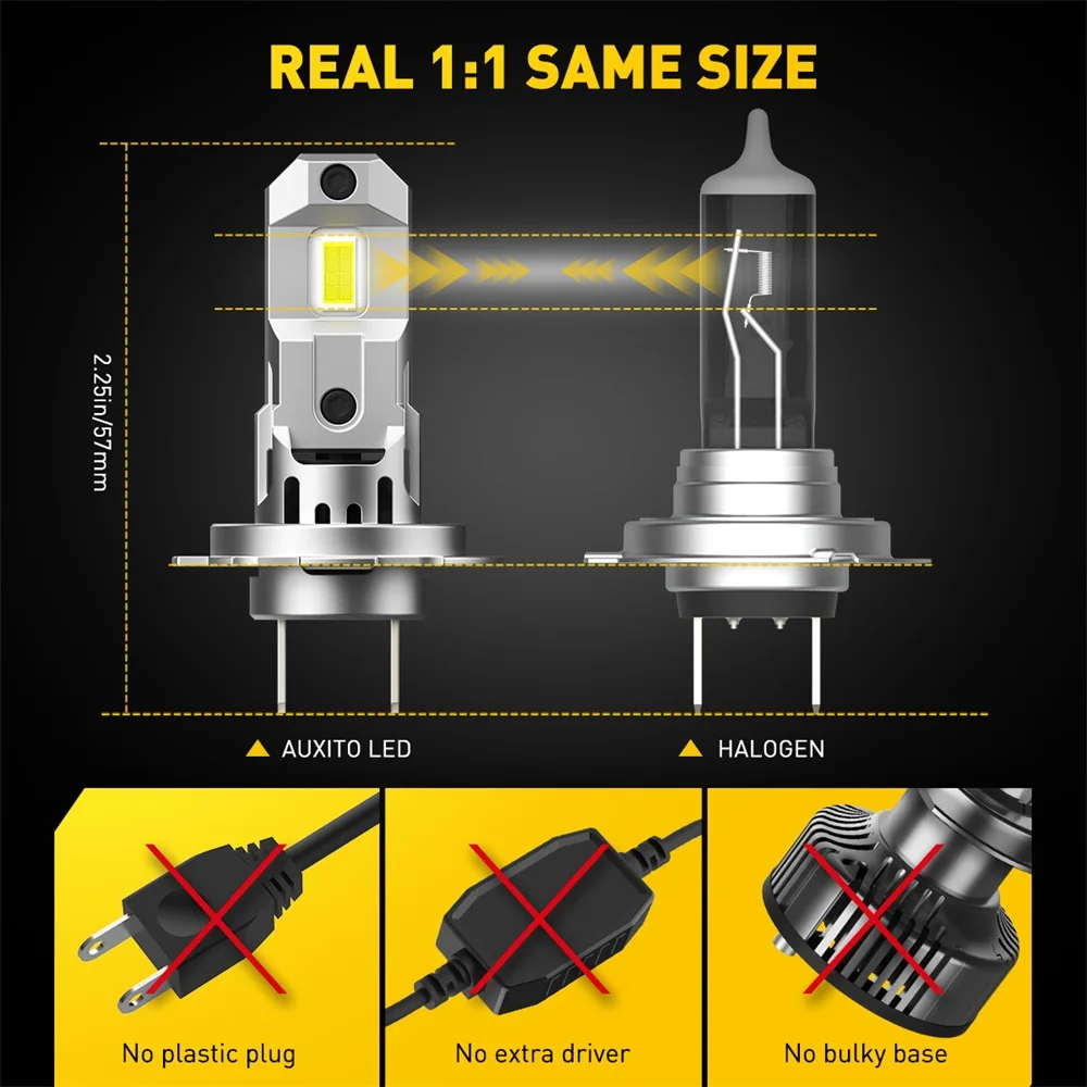 AUXITO 2Pcs 60W H7 LED Lights High Power 1:1 Mini Size Car Lights Auto Head Lamp Wireless H7 Turbo Led 12V 6500K Car LED Bulb