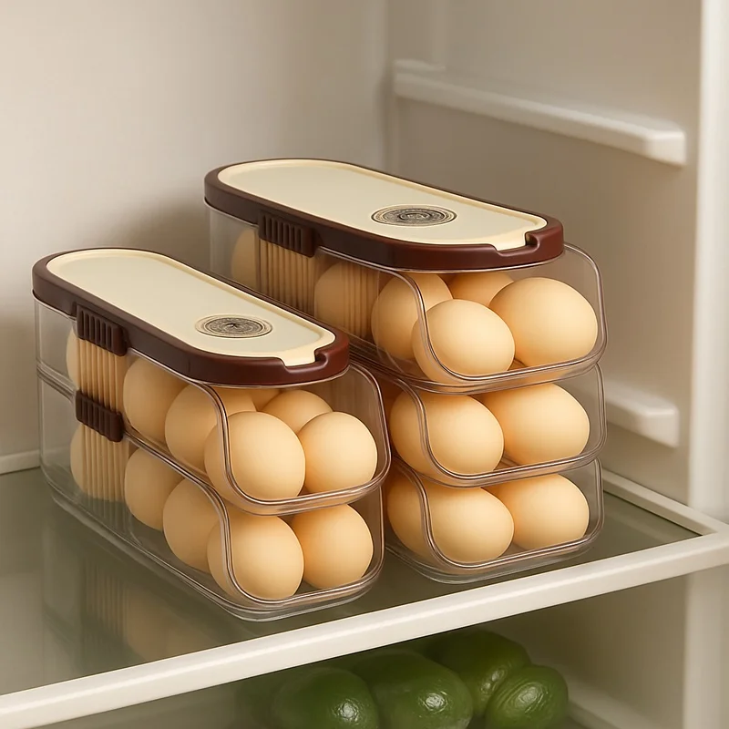 Portable Egg Storage Box with Single Automatic Rolling Rack for Refrigerator Door Organization