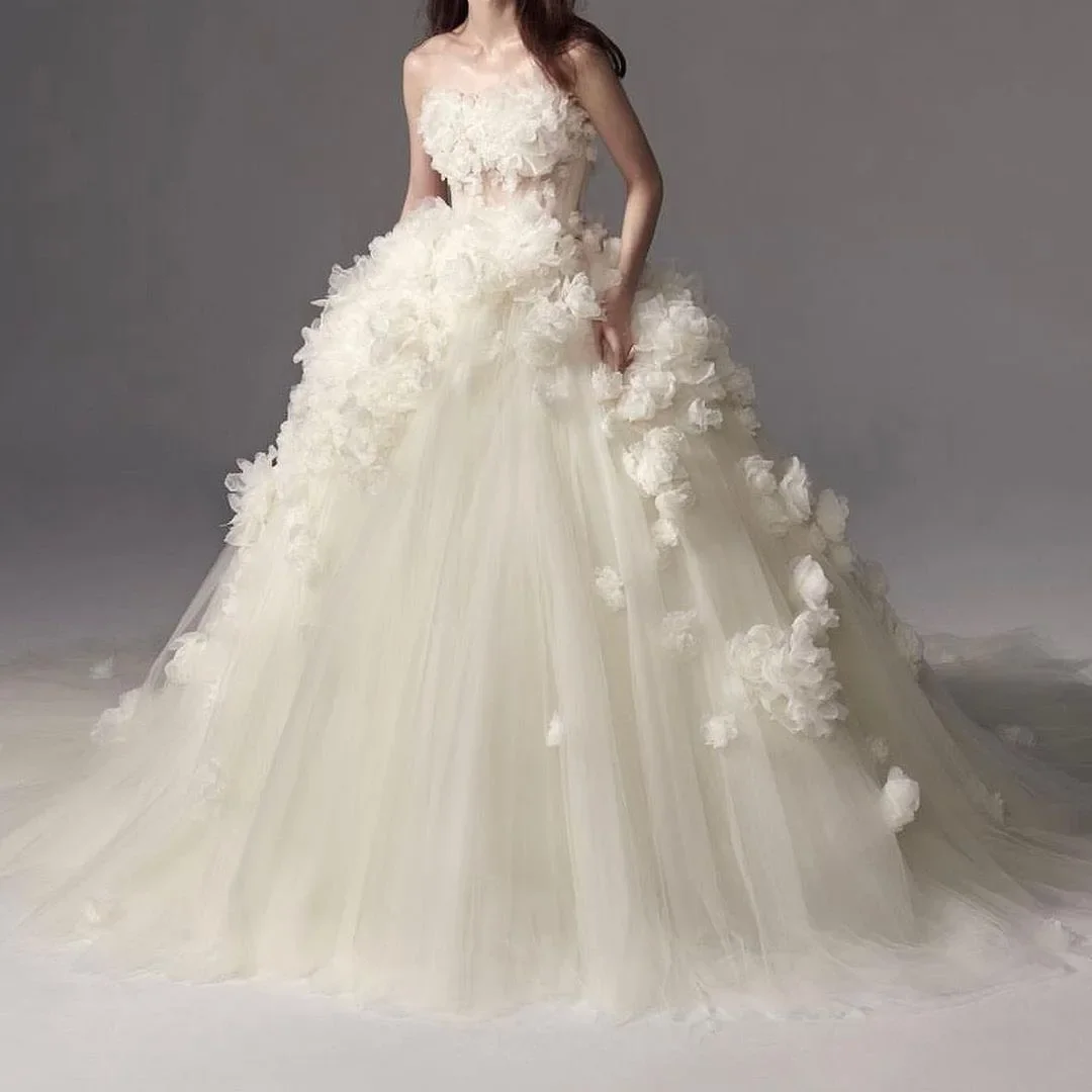 

Tulle Flower Strapless A-Line Applique Bridal Gowns Sleeveless Brush Train Robe De Vestido New Wedding Dress Customized