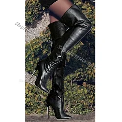 Schwarze Metall absätze über Knies tiefeln spitze Zehen solide Stiletto Mode Leder britischen Stil Party Frauen Stiefel Zapatos Para Mujere