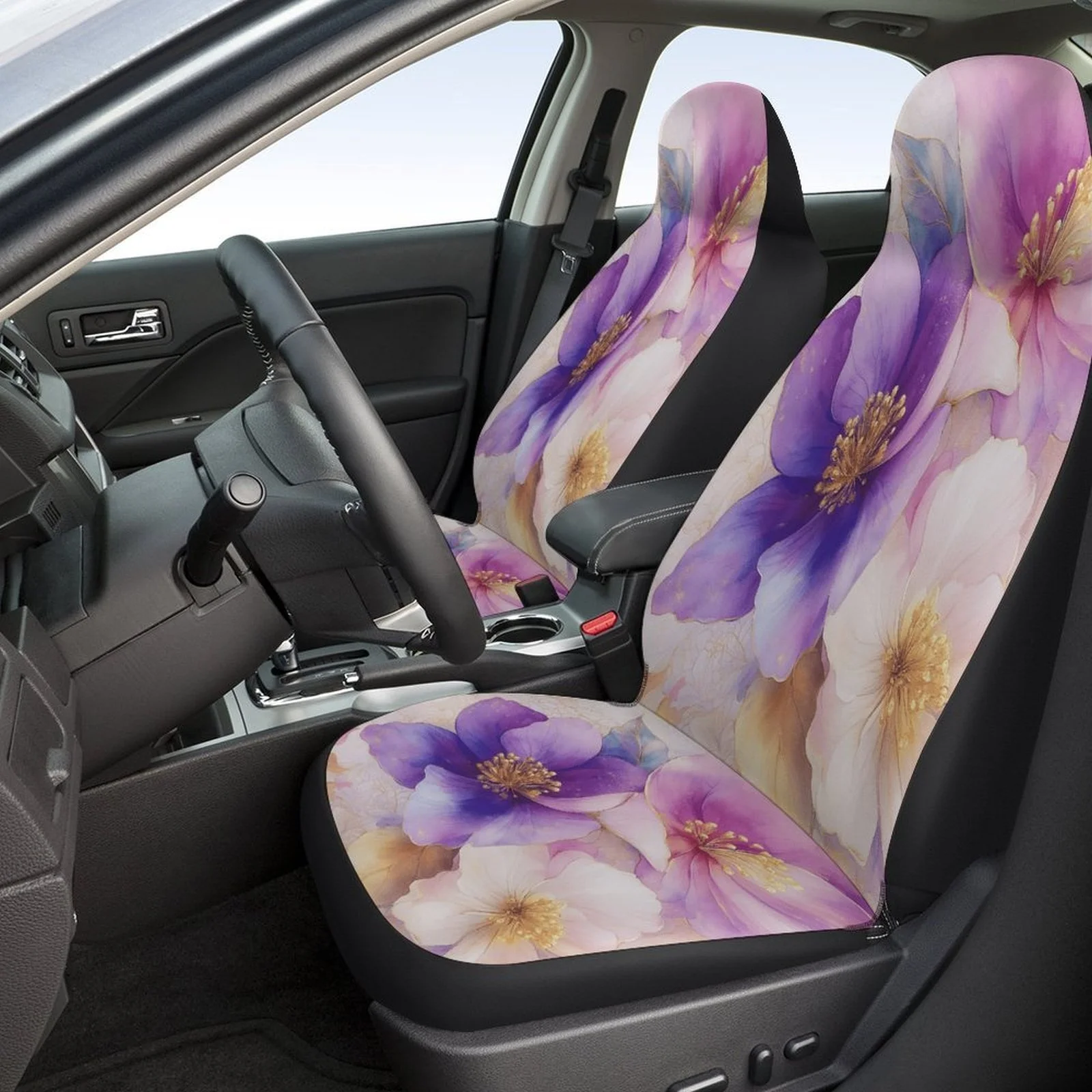 Set Of Car Seat Covers Featuring A Floral Bouquet Design, Suitable For A Variety Of Vehicles. Stylish And Unique, This Complete