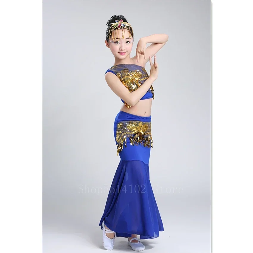 Children Oriental India National Girl Sequins Shoulder Off Tail Belly Skirt Bellydance Costume Egypt Performance Pratice Clothes