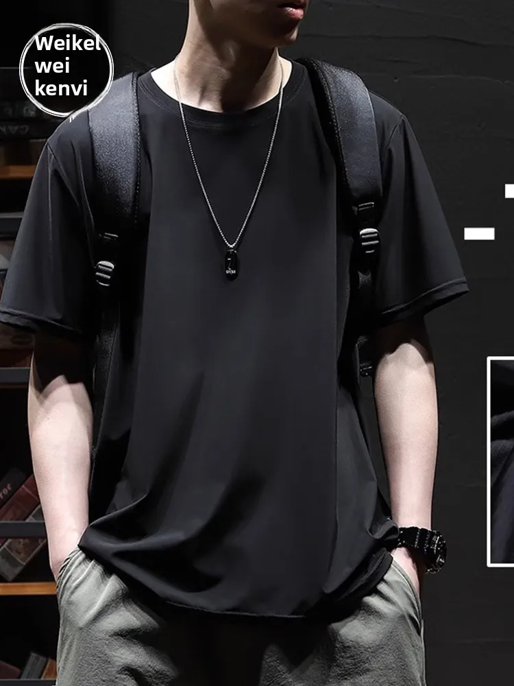 

Мужская летняя футболка из ледяного шелка с коротким рукавом, тонкая, быстросохнущая, спортивная, новинка 2026 года, большие размеры, свободный крой, однотонная.