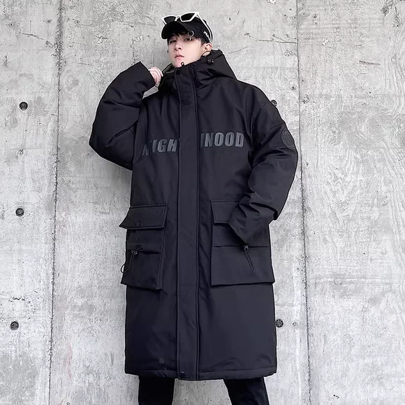 

Мужская зимняя утепленная пуховая куртка средней длины с капюшоном, уличный стиль, свободный крой, полиэстер, белая